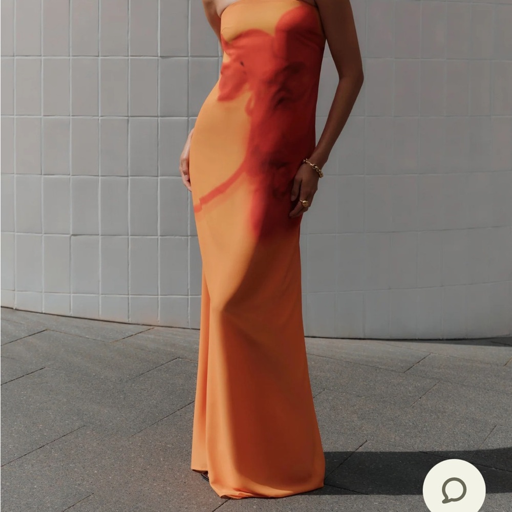 Meshki Orange and Red Asymmetrical Strapless Gown